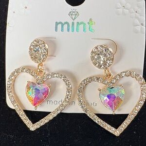 Mint Gold Heart Iridescent Crystal Earrings